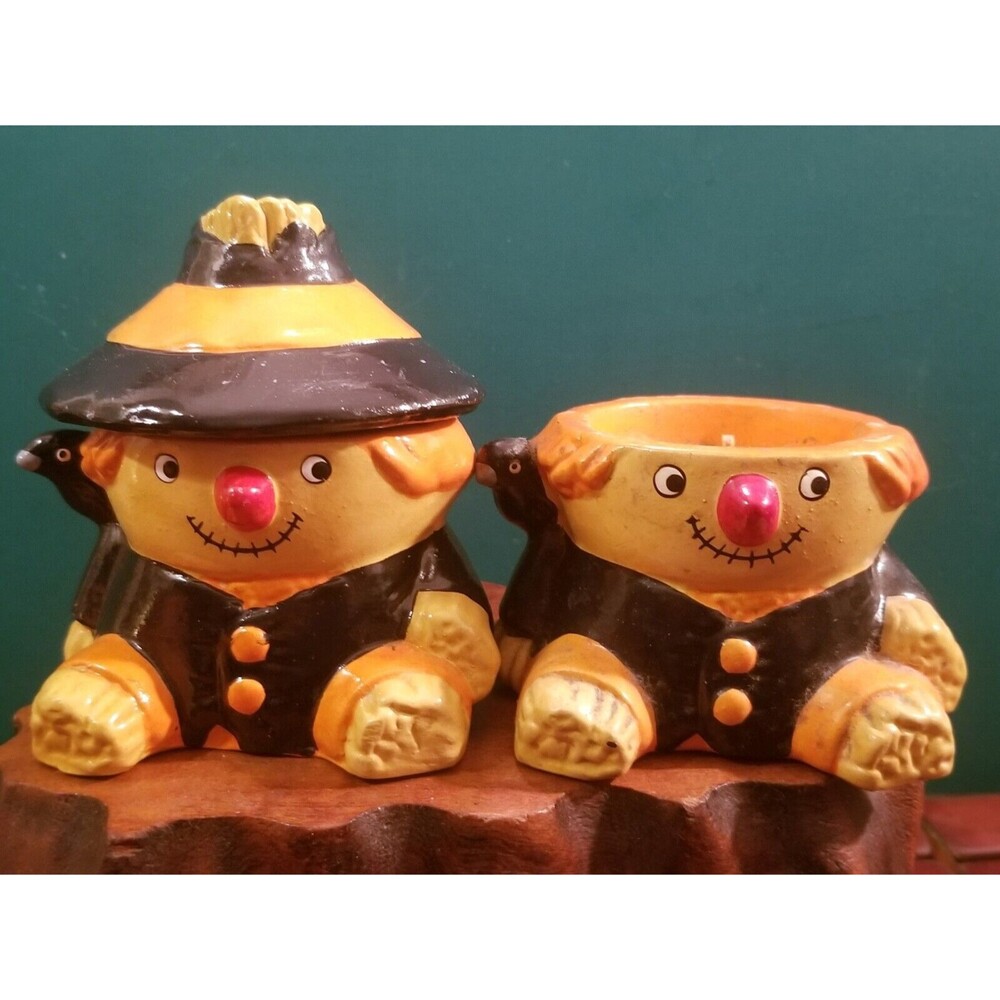 Vintage Pair Of Scarecrow & Crow Ceramic Halloween Candles 3.75"x3"x3"